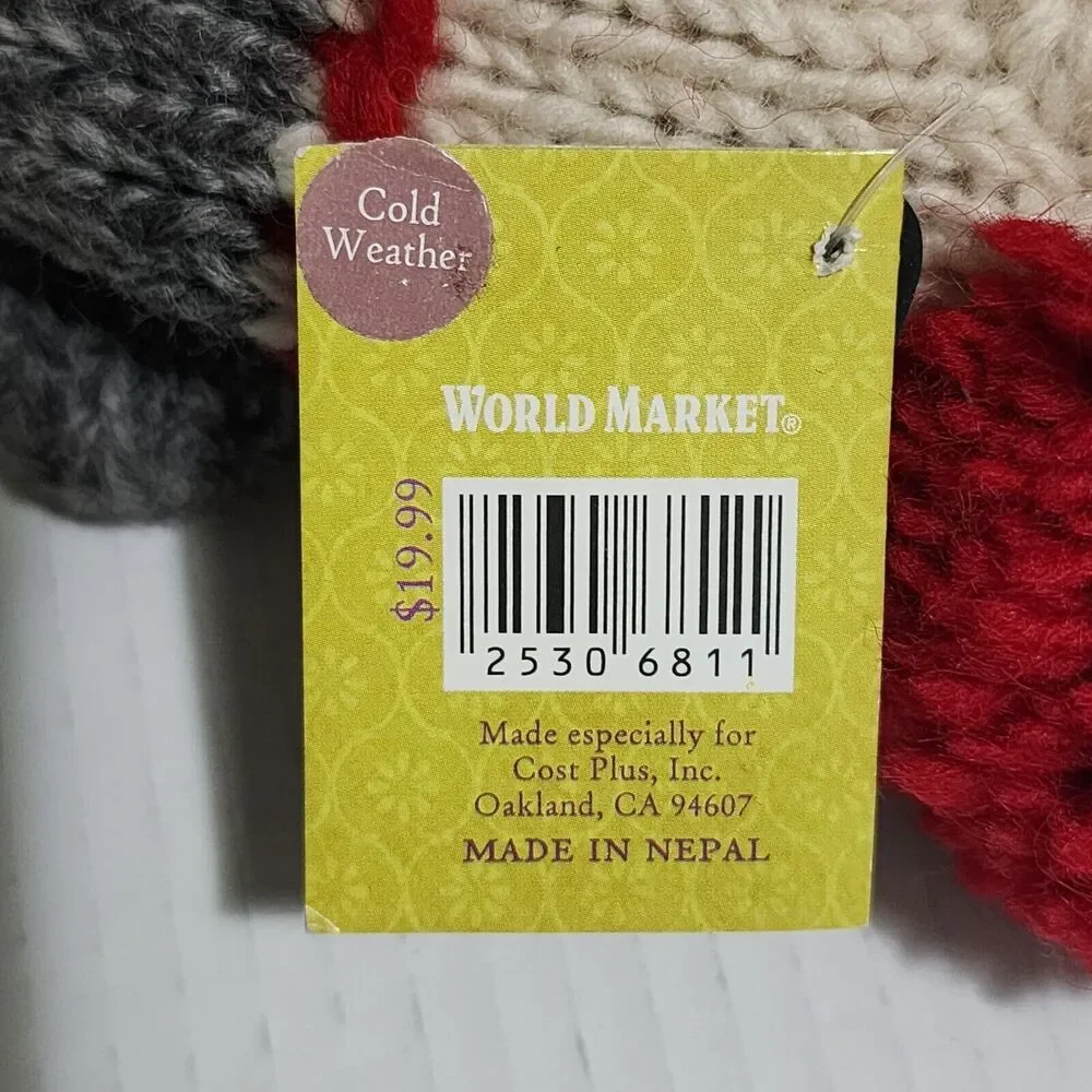 NWT World Market Kids Wool Monkey Hat Gray Red Black White Tassel Lined Earflap